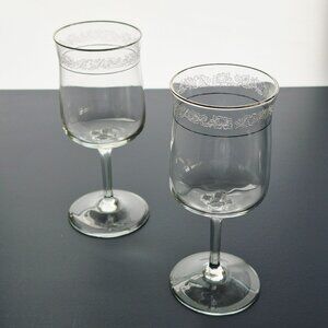 Vintage Lenox Moonspun Wine Glass Set of 2 Platinum Trim Etched Floral & Leaves